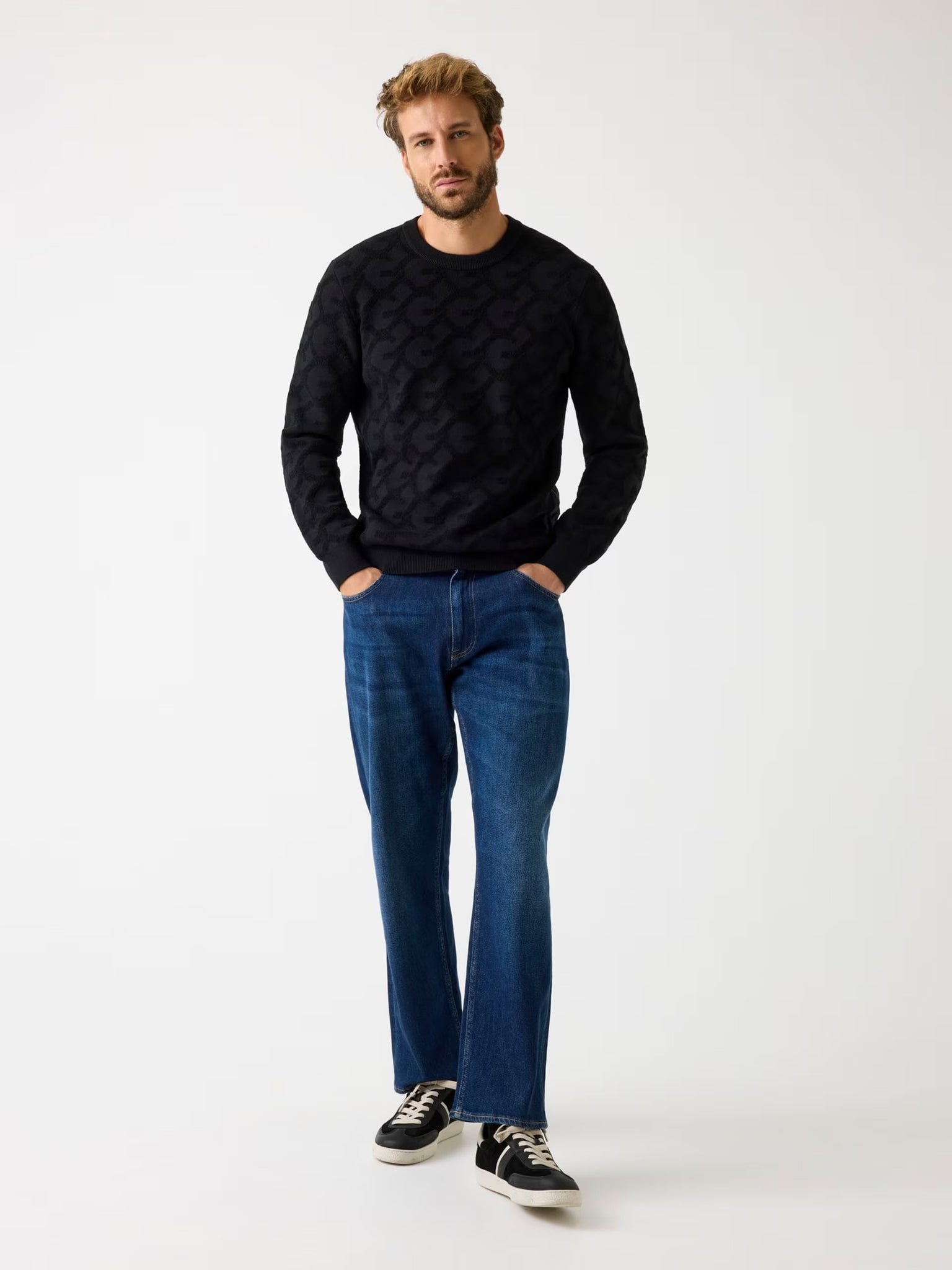 Guess Embossed Jacquard Logo Sweater Black
