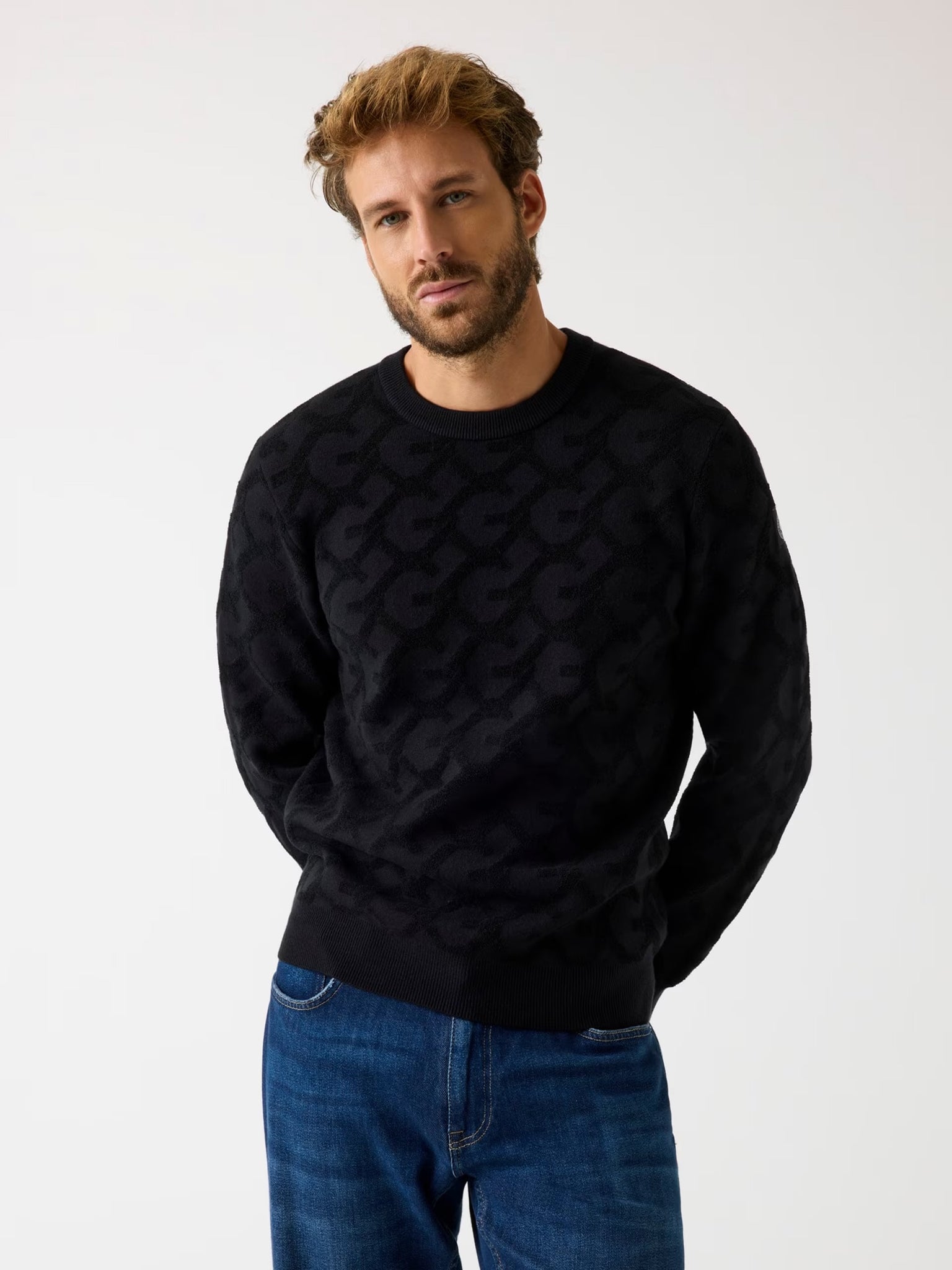 Guess Embossed Jacquard Logo Sweater Black